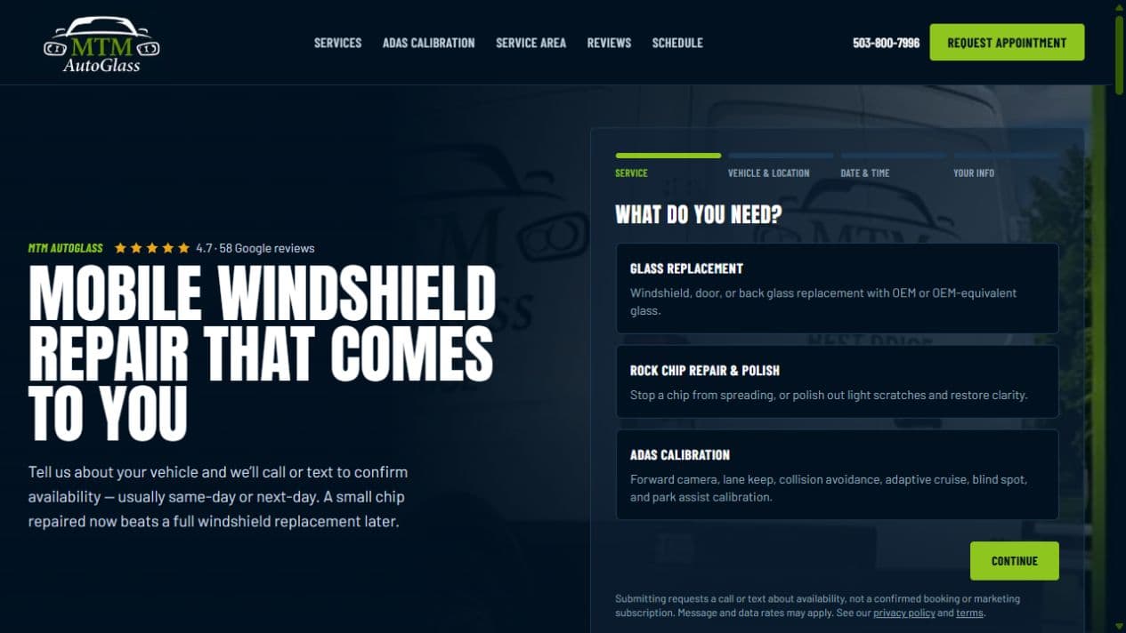 MTM AutoGlass website with a navy and lime design and a guided appointment request form