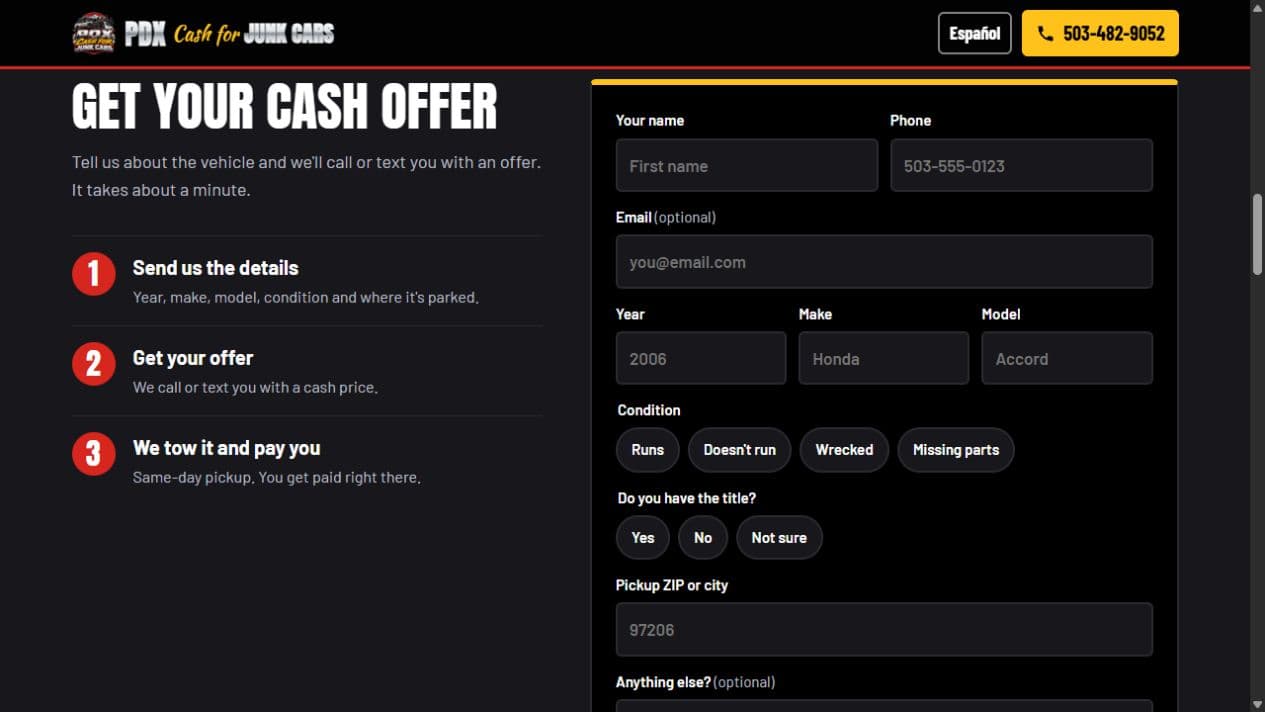 PDX Cash for Junk Cars website showing the cash-offer form, vehicle details, and three-step pickup process