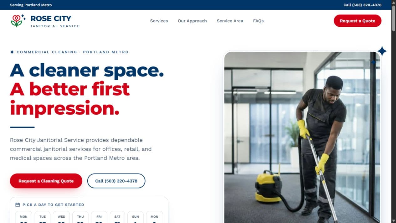 Rose City Janitorial Service website with its rose logo, red and navy typography, and commercial cleaning photography